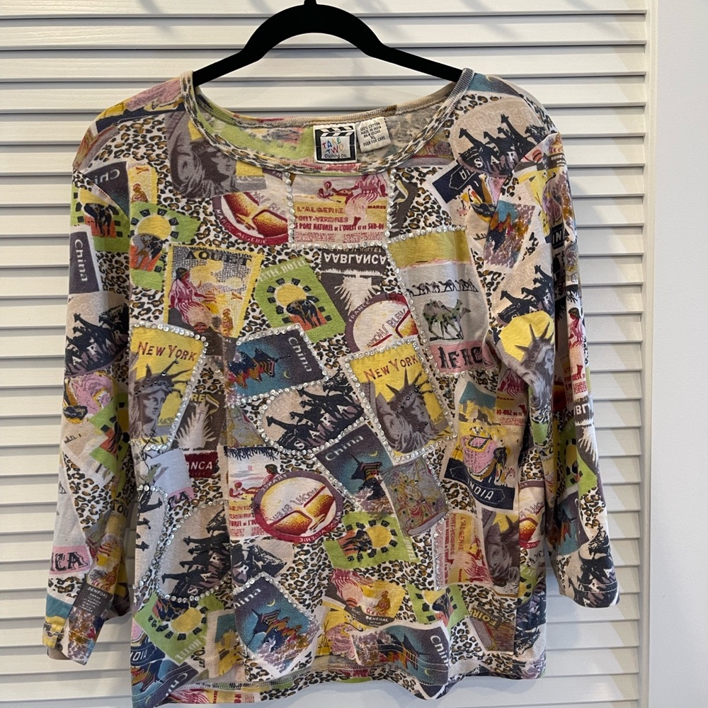 Vintage-Style Patchwork Sequin and Print Long Sleeve Tee - Multicolor